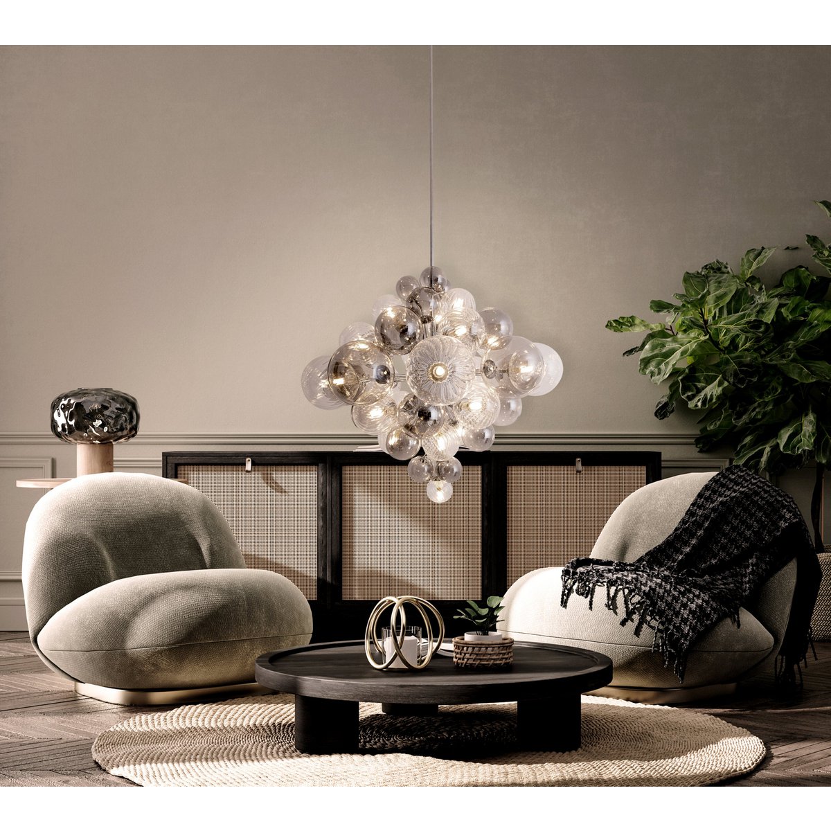 Pendelleuchte "SPHERE" Ø 75cm, au s Metall und Glas mit verschiedenen Strukturen, Beleuchtung für Wohnzimmer, Esszimmer oder Büro.