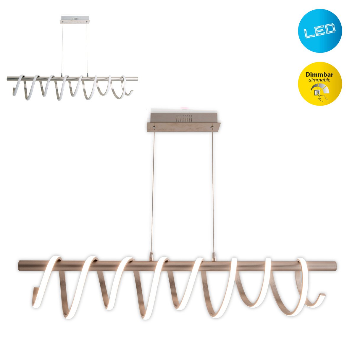 LED-pendellampa "Belleza", modern pendellampa i metall och plast i matt nickel och vitt, med fasta inbyggda LED-lampor, 100 cm lång. Den perfekta belysningen för vardagsrum, matsal eller kök.