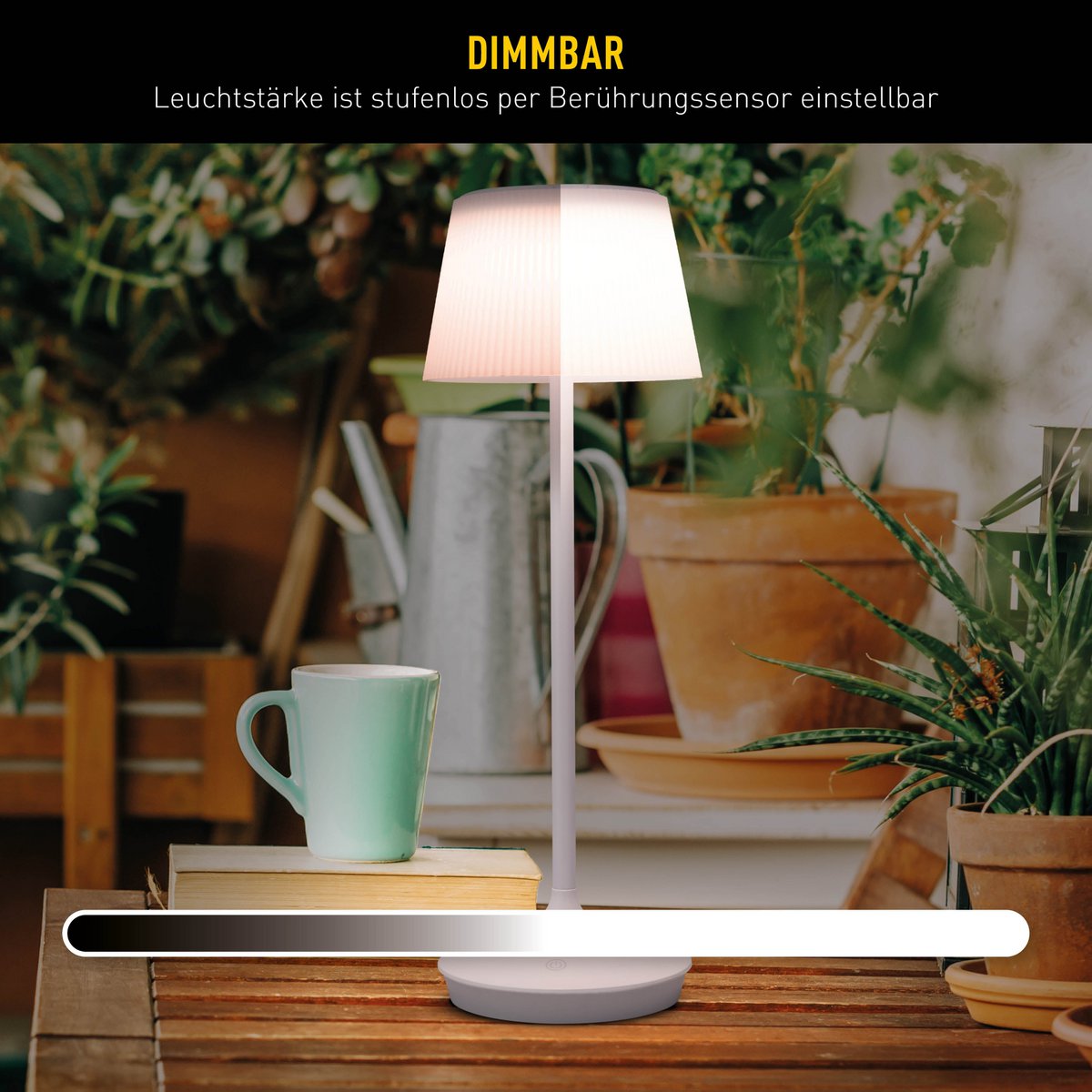 LED Leuchte "EMMI" für Außen und Innen, Tischlampe aus Metall und Kunststoff, mit fest verbauten LEDs, LED Tischlampe für Balkon, Terrasse, Garten, Wohnzimmer, Wintergarten, ca. 38 cm hoch
