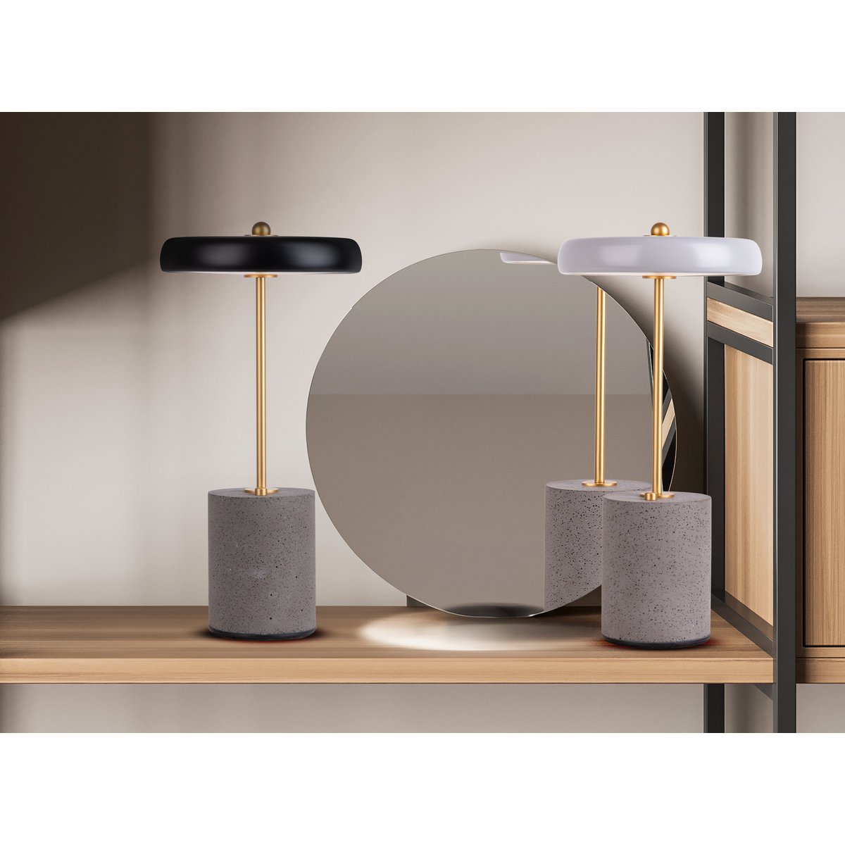 Akku Tischleuchte "SETA" schwarz 30 cm hoch aus Metall und Beton, mit fest verbauter LED