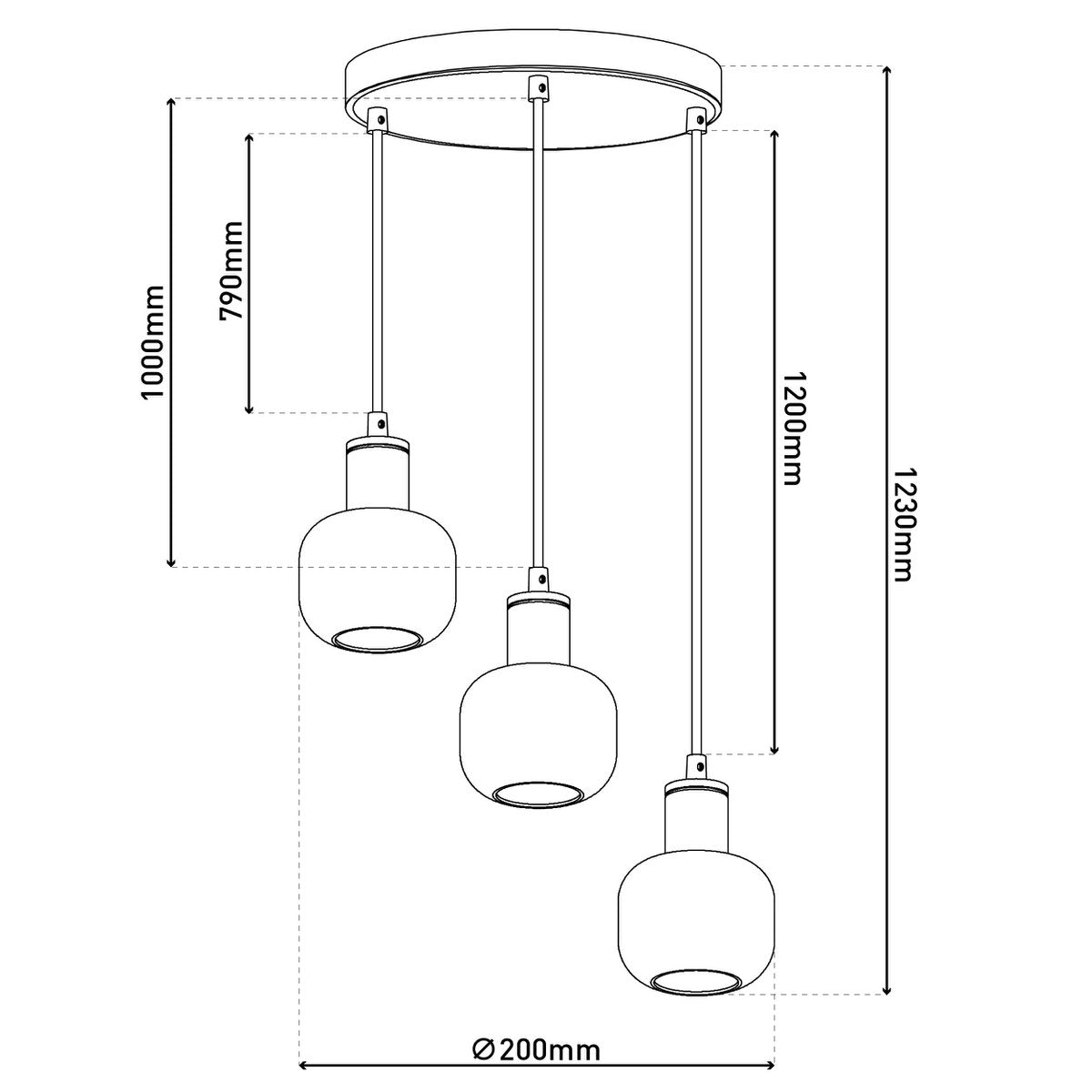 3 ceiling lamp "fumoso", pendant lamp made of metal and glass in black, with E14 socket, for dining room, living room, hall or office, hanging lamp total height 123 cm.