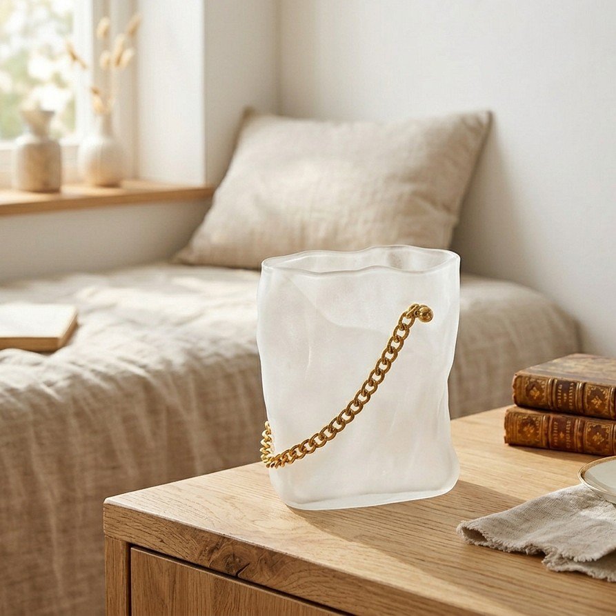 Vas av transparent vitt glas formad som en väska med guldfärgat handtag 20x12x24cm
