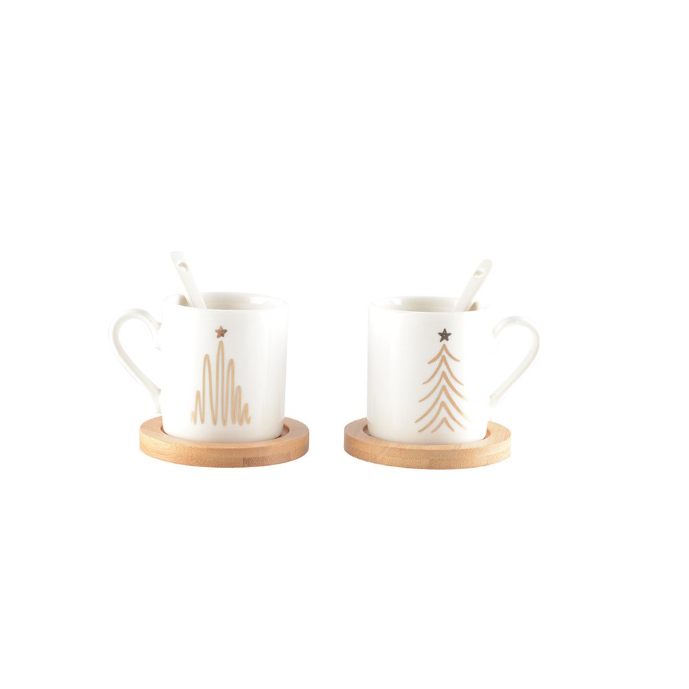 Fir cups with wooden spoons and saucers - Lot of 2
