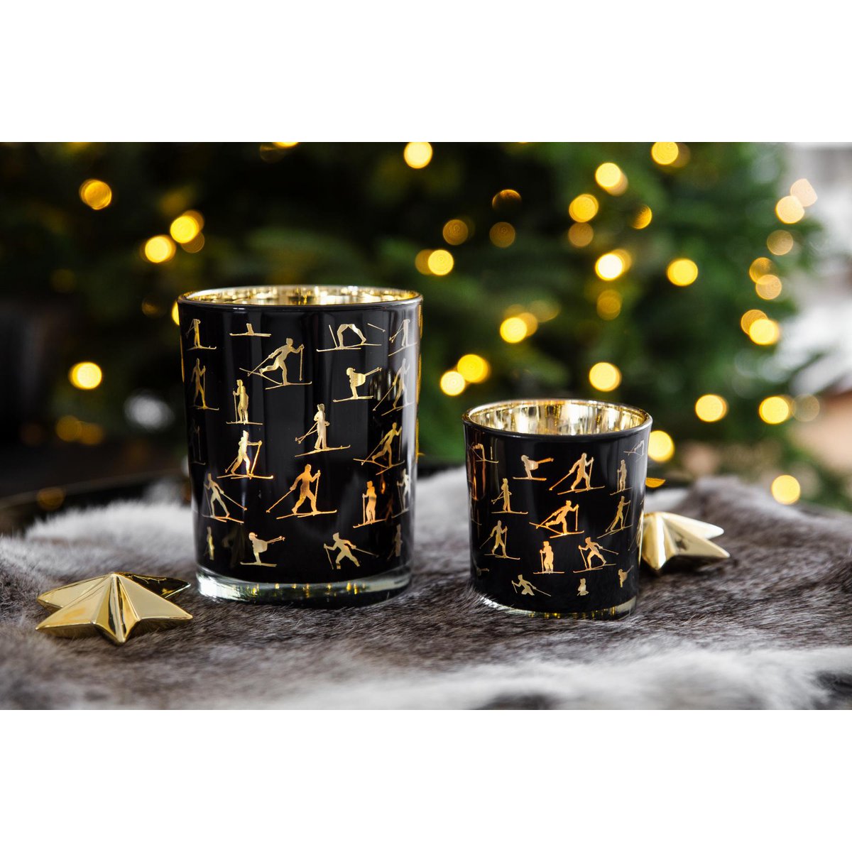 Set of 2 tea light glasses Monty (height 8 cm, ø 7.5 cm), lantern with skiing motif, gold / black