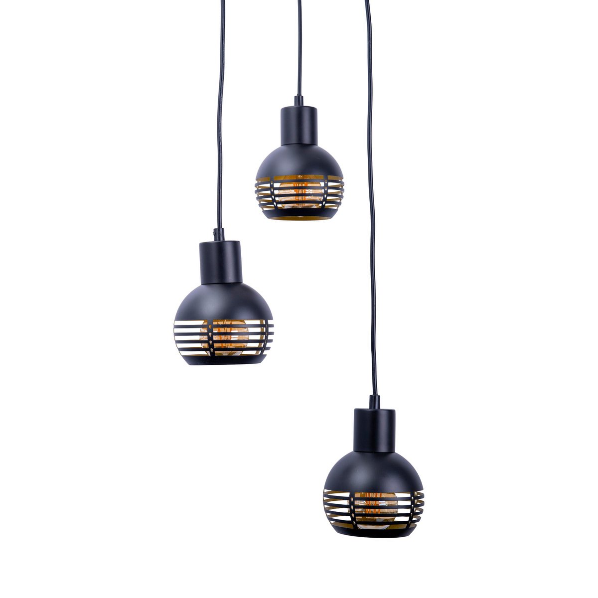 3-sits pendelarmatur "Casco" taklampa i metall i svart och guld, med E27-socklar. Stilren belysning för vardagsrum, matsal eller kök.