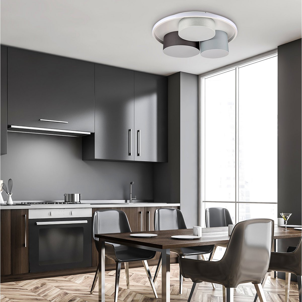 3-LED taklampa "Eppan" Ø 56cm, i metall, plast och textil i grått, integrerade LED-lampor, belysning för vardagsrum, kontor eller entré