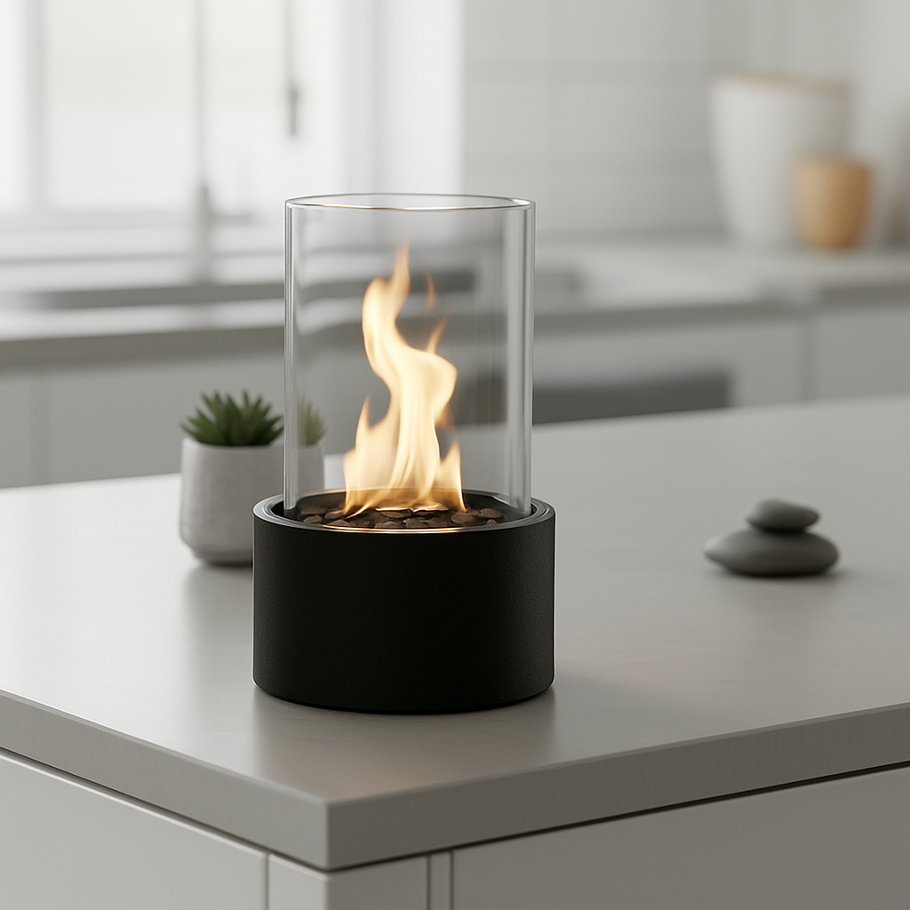 Table Fireplace - Round - Metal/Glass - Black - 21x21x28 cm