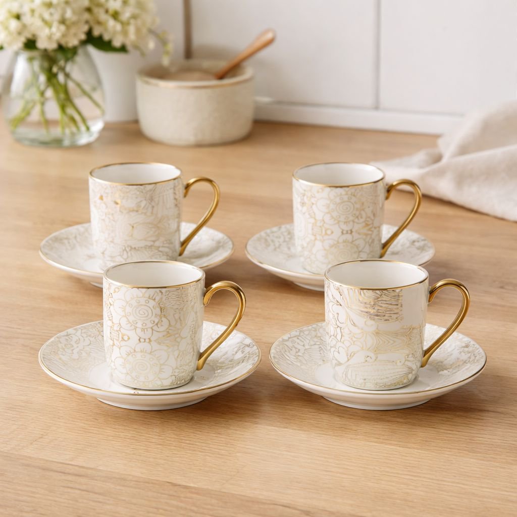 Teasy cups with white saucers abstract - set of 4