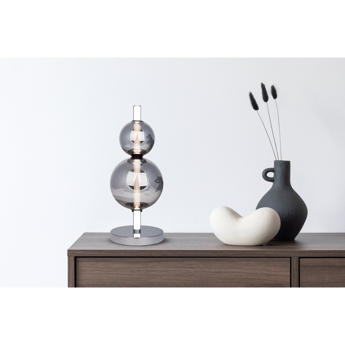 LED table lamp "Nova" chrome made of metal and smoke glass, with integrated LED, 44 cm high