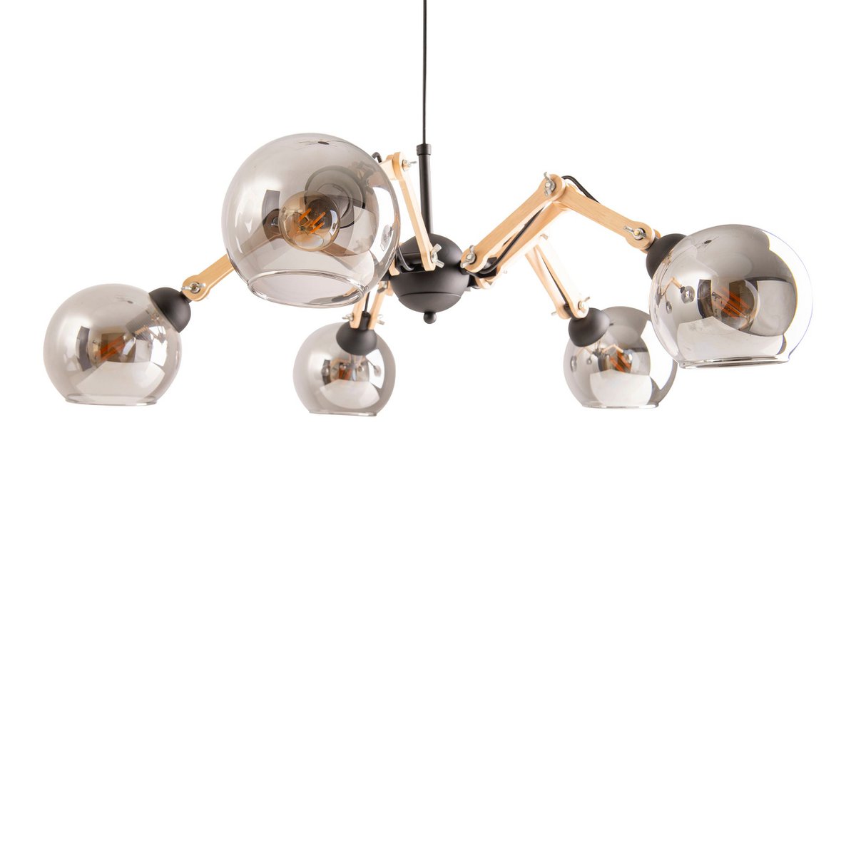 5 glass pendant lamp "Soito" hanging lamp made of metal, glass and rubber wood, with E14 socket, for dining room, living room, hallway or office, 80 cm diameter