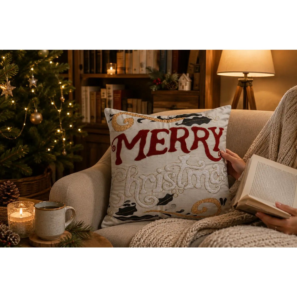 Beige & Red Embroidered – Cushion Cover / Kussenhoes – Christmas 45×45 cm – Urbane Hide