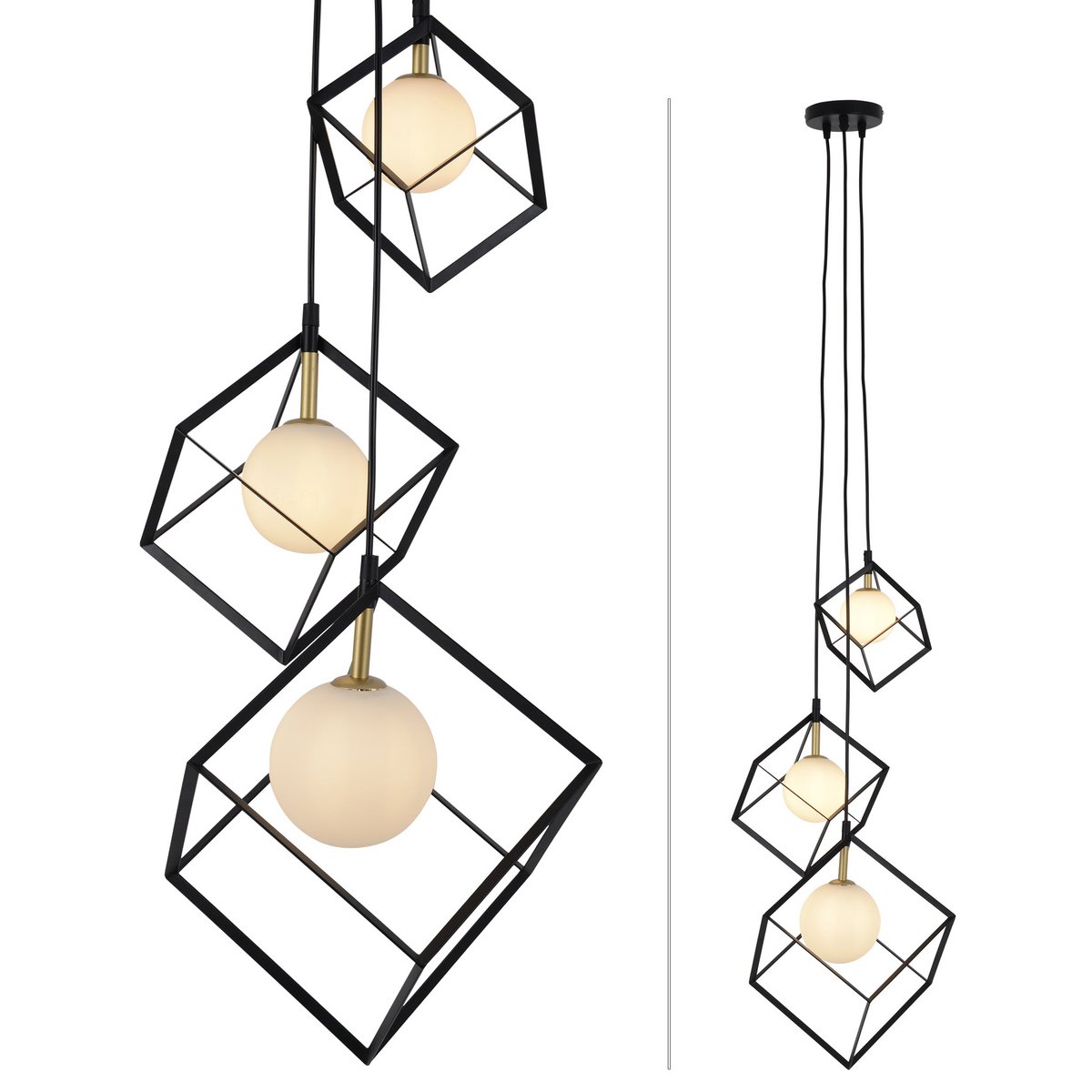 3-flame pendant lamp "Cadre", retro pendant lamp made of metal and glass in black, and white with a G9 socket, a total of 147 cm high, for living area and office.