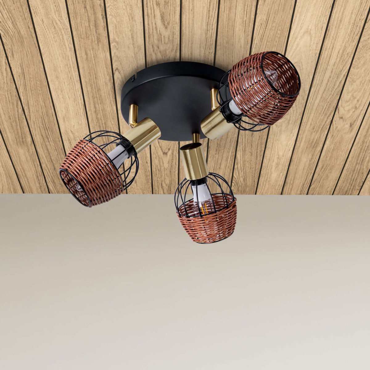 3 "Corbis" ceiling rondel, metal spot in black, with gold and rattan, with E14 socket, for dining room, living room, hallway or office, lighting for living room, dining room or office, 38 cm diameter