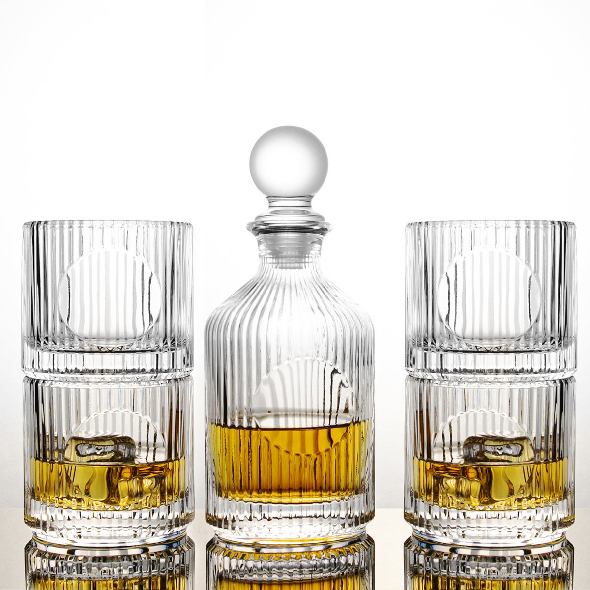 Lödda randiga whiskyglas med karaff 500 ml och 4 glas à 330 ml