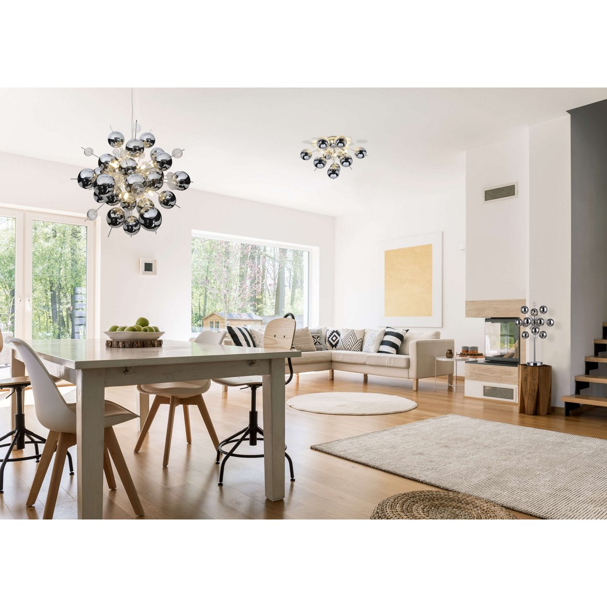Pendelleuchte "EXPLOSION" chrom aus Metall und Glas, G9 Fassungen, Hängelampe für Esszimmer, Wohnzimmer, Diele oder Büro, Øca. 65 cm