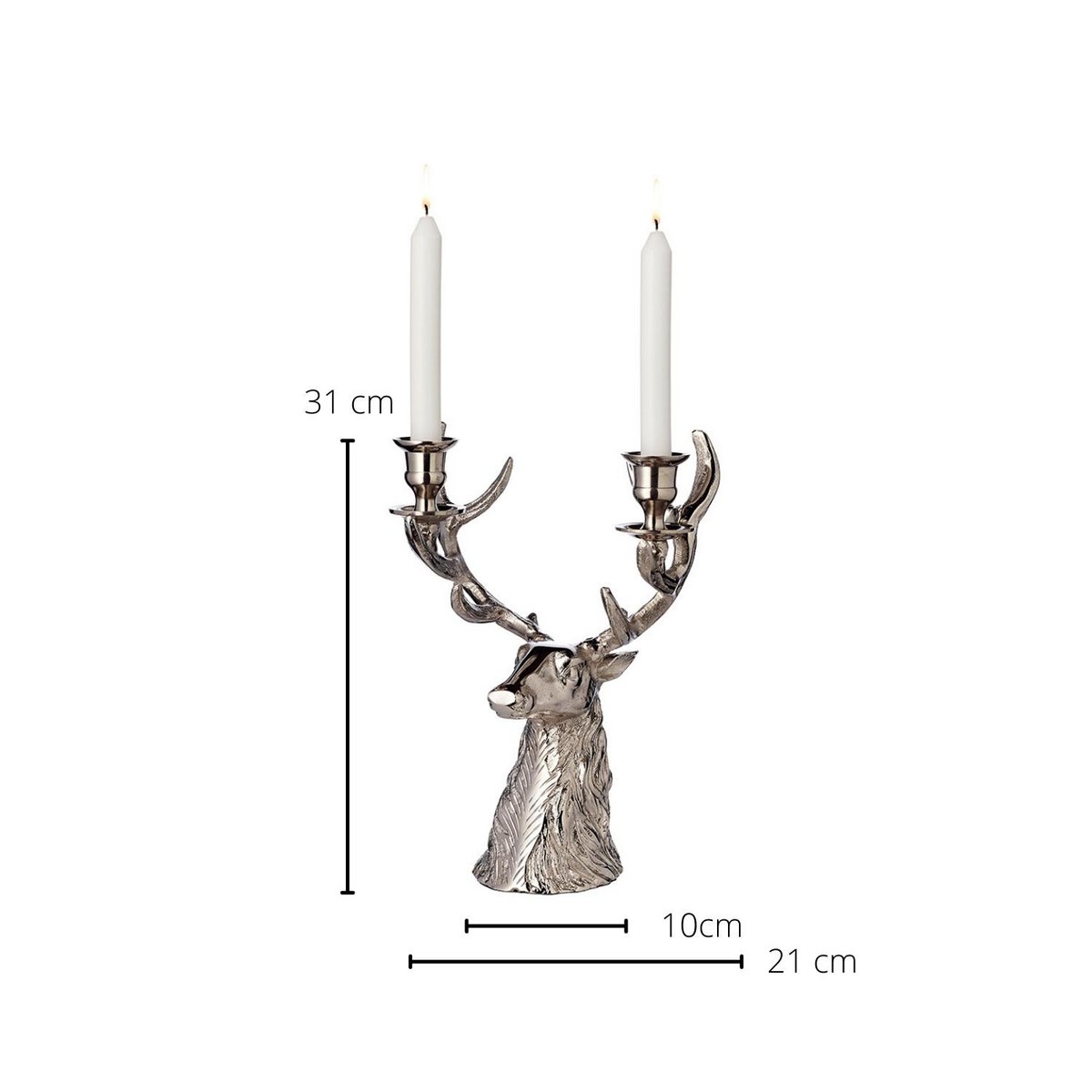 EDZARD candlestick candle holder deer antler height 33 cm, aluminum nickel-plated, for 2 stick candles