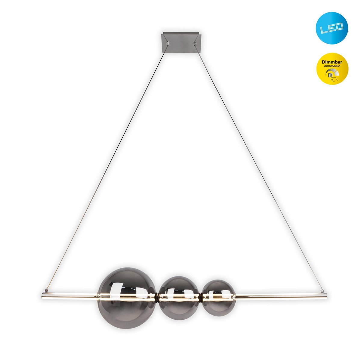 LED-pendellampa krom "Nova" av kromfärgad metall, plast och rökglas, med fast inbyggda LED-lampor, ca 105 cm lång