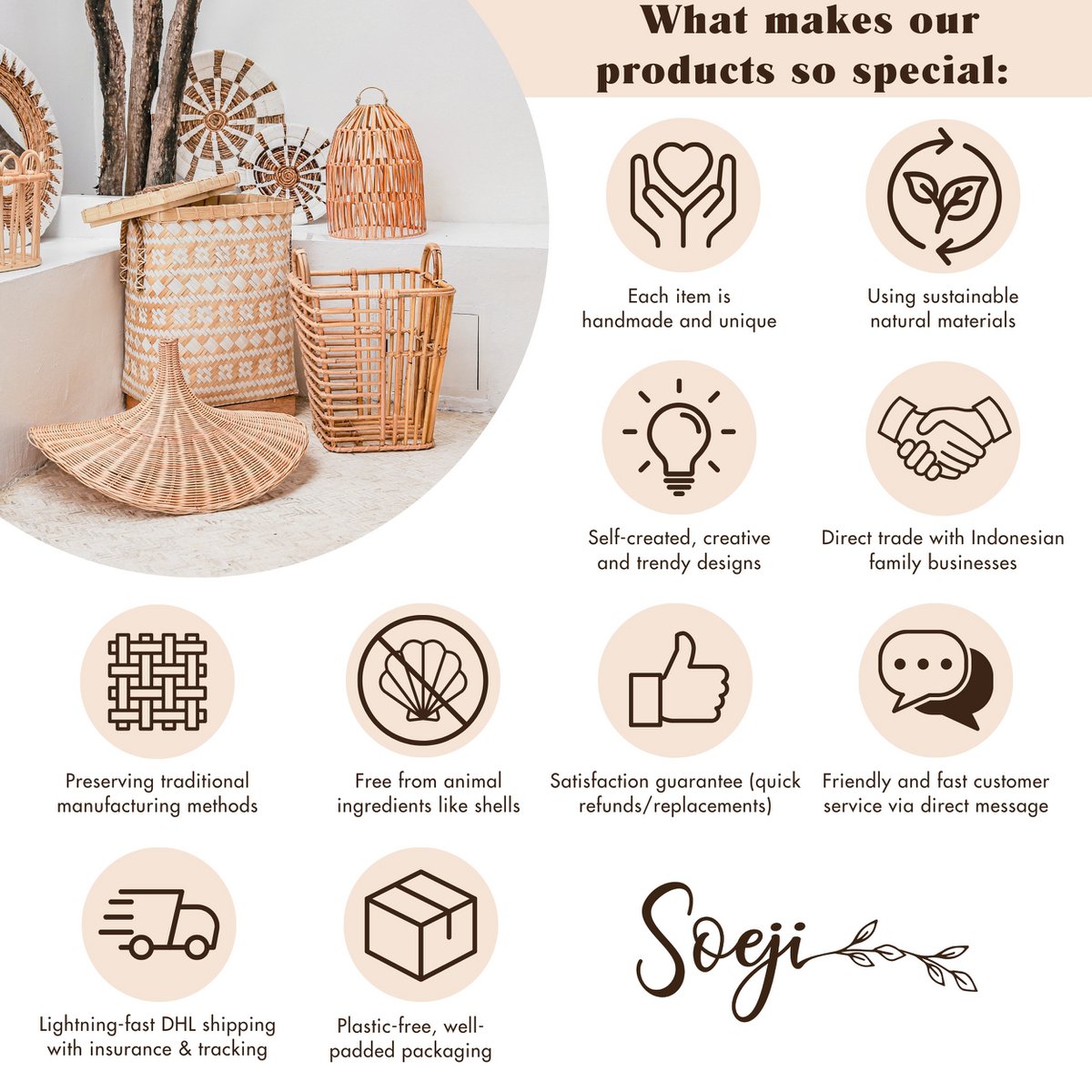 Boho Laundry or Plant Basket – Round Woven Storage Basket – Decorative Basket Made of Banana Fibre (3 sizes Ø 25/32/38 cm) RINJANI