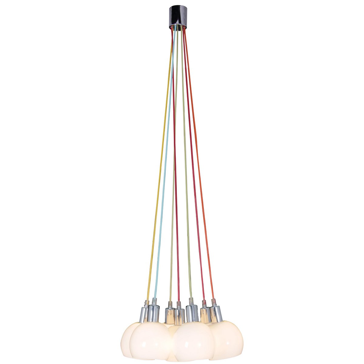 Pendant lamp "Rainbow-Bowl" a total of 120 cm high, 7 glass screens Ø 16 cm, made of chrome-colored metal, opal white glass and colorful supply, E14 versions