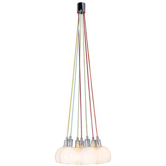 Pendant lamp "Rainbow-Bowl" a total of 120 cm high, 7 glass screens Ø 16 cm, made of chrome-colored metal, opal white glass and colorful supply, E14 versions