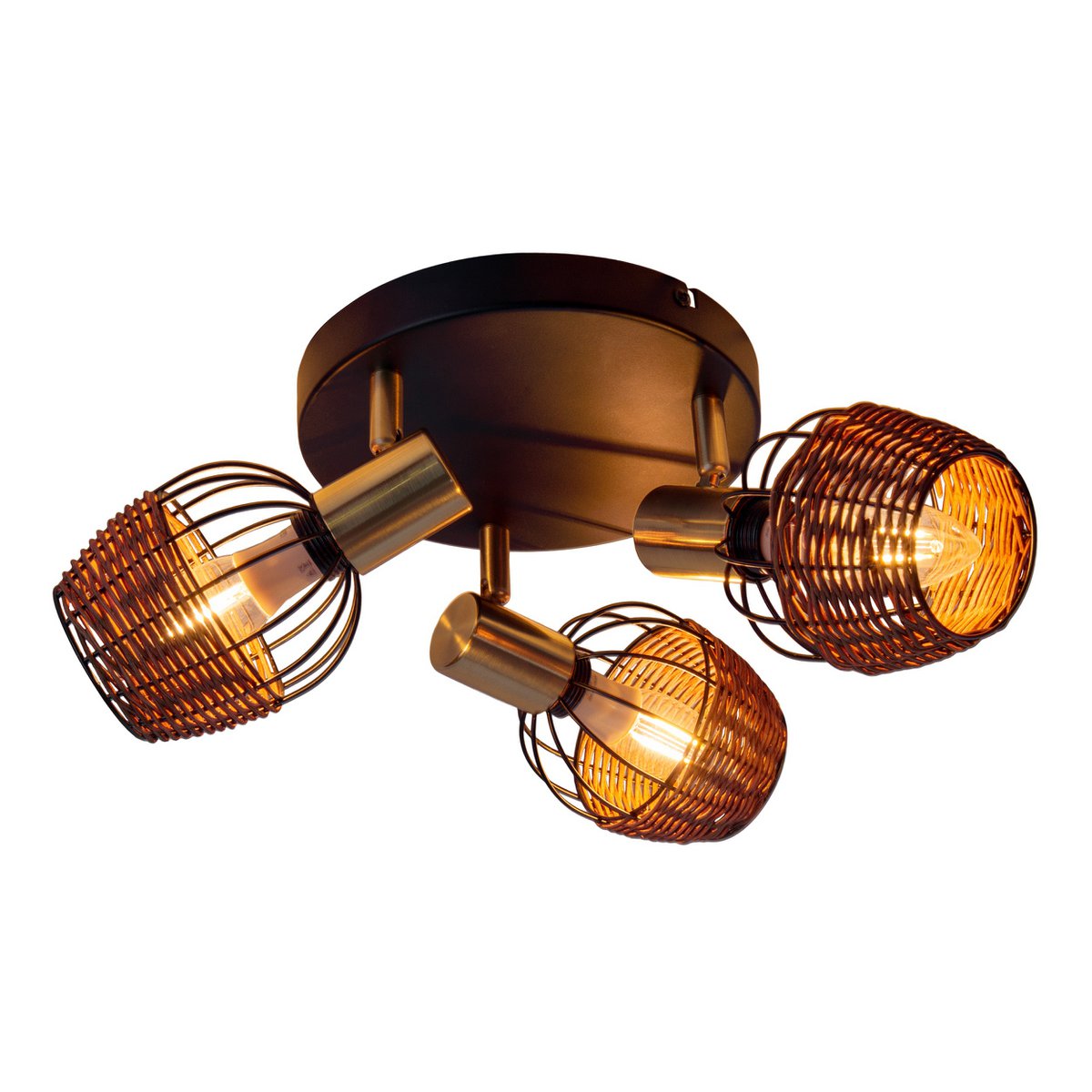 3 "Corbis" ceiling rondel, metal spot in black, with gold and rattan, with E14 socket, for dining room, living room, hallway or office, lighting for living room, dining room or office, 38 cm diameter