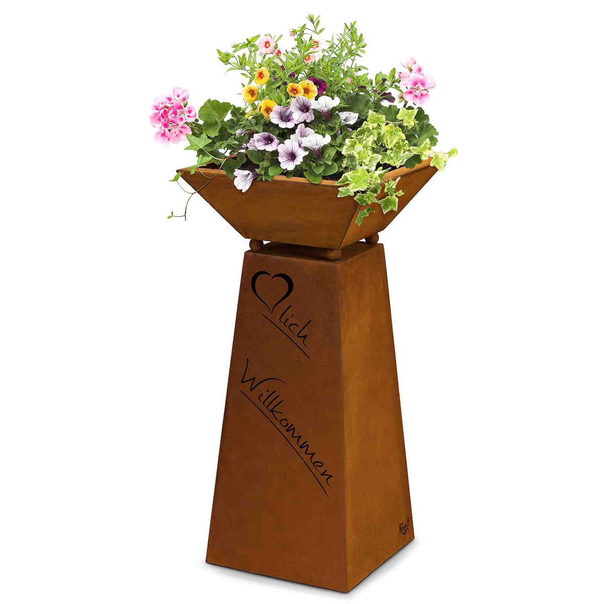 Rust decorative column warm welcome with flower bowl in patina