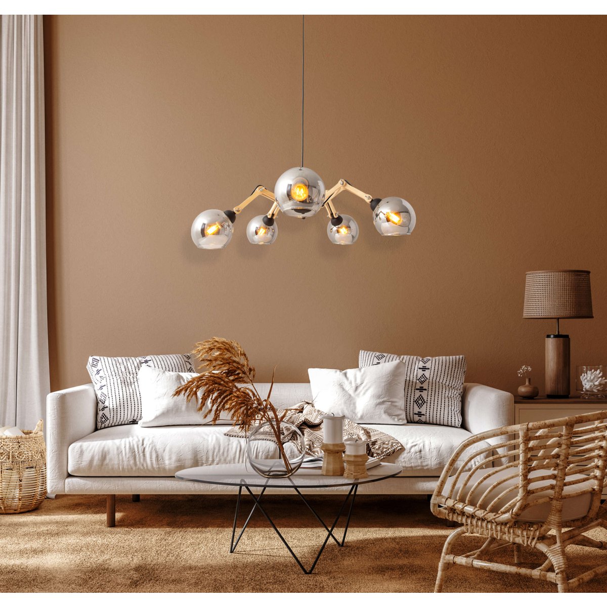 5 glass pendant lamp "Soito" hanging lamp made of metal, glass and rubber wood, with E14 socket, for dining room, living room, hallway or office, 80 cm diameter