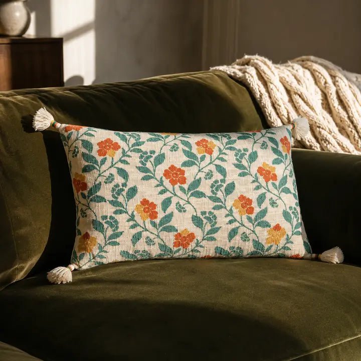 Beige Embroidered Tassel Lumbar Cushion Cover – Cotton – 35×60 cm – Urbane Hide