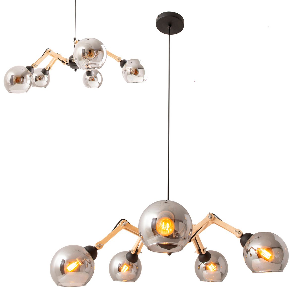 5 glass pendant lamp "Soito" hanging lamp made of metal, glass and rubber wood, with E14 socket, for dining room, living room, hallway or office, 80 cm diameter