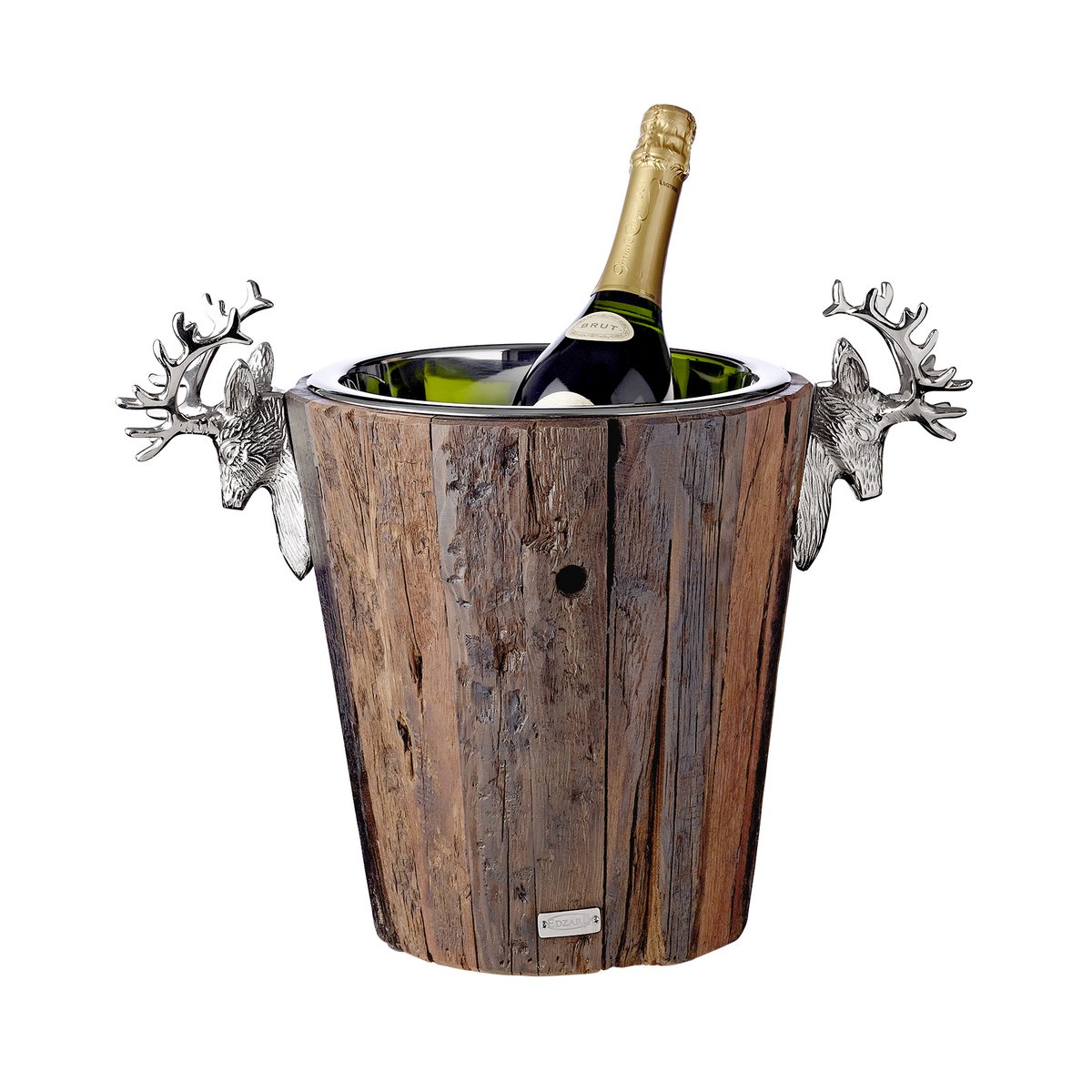 EDZARD champagne cooler Milwaukee with 2 deer heads, teak, stainless steel shiny nickel-plated, height 30 cm