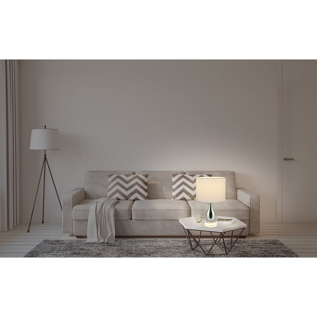 The "Cosima" LED table lamp is 43.5 cm high, umbrella Ø 25 cm, made of metal, plastic, textile material in the colors chrome and white. Both integrated LEDs in the light foot and E14 version