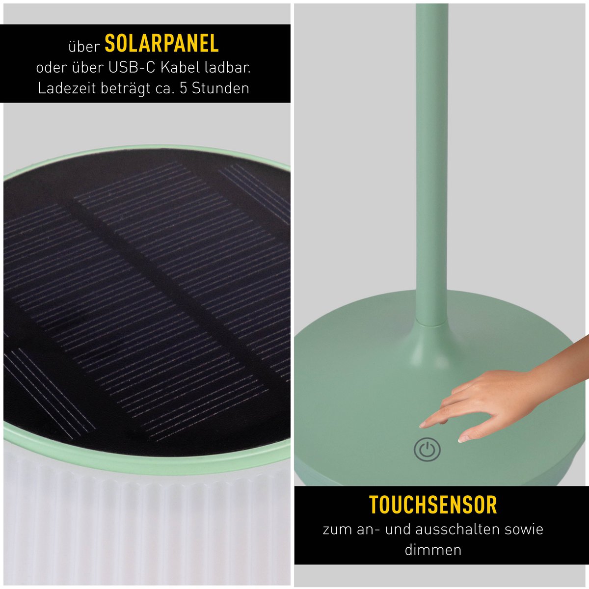 Solar battery lamp "Emmi" 38 cm high, umbrella Ø 13 cm, metal in MINT and white plastic, for the outdoor area, dimmable CCT.