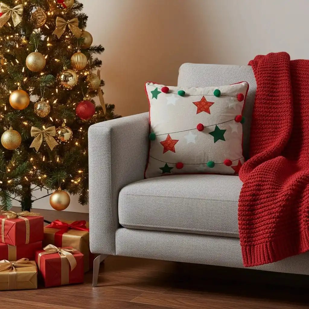 Multicolour Stars with Pompons – Cushion Cover / Kussenhoes – Christmas 45×45 cm – Urbane Hide