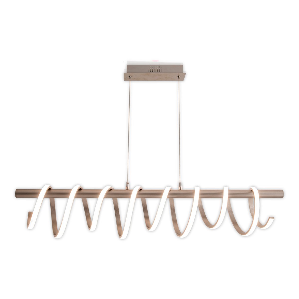 LED-pendellampa "Belleza", modern pendellampa i metall och plast i matt nickel och vitt, med fasta inbyggda LED-lampor, 100 cm lång. Den perfekta belysningen för vardagsrum, matsal eller kök.