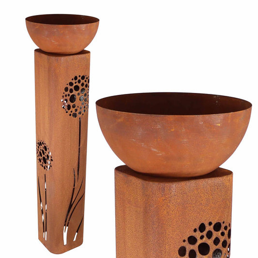 Rust garden decoration column with dandelions with bowl | Vintage decorative flower column