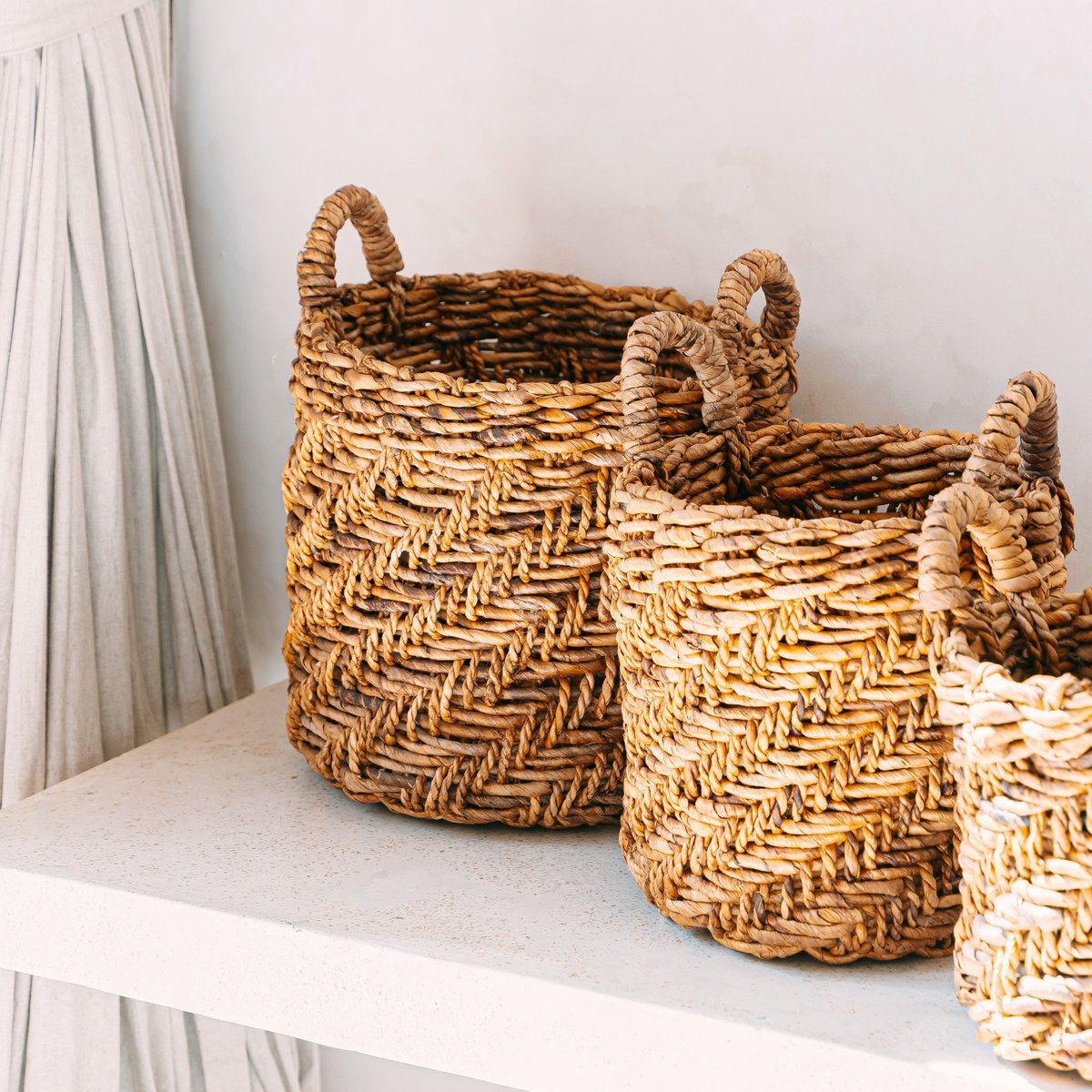 Boho Laundry or Plant Basket – Round Woven Storage Basket – Decorative Basket Made of Banana Fibre (3 sizes Ø 25/32/38 cm) RINJANI