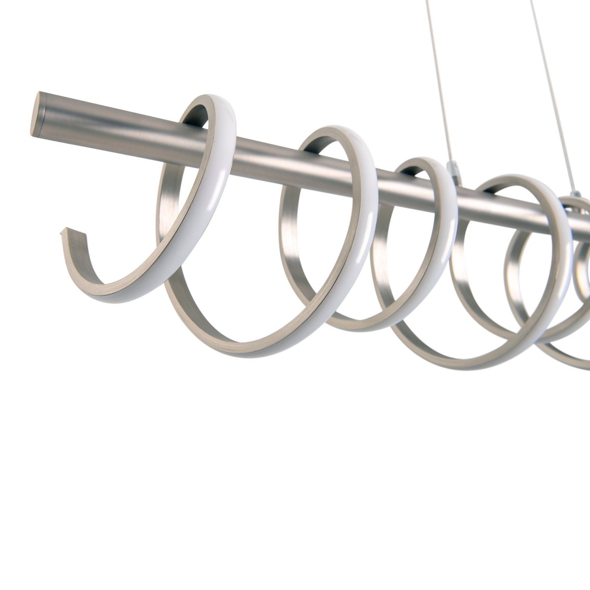 LED-pendellampa "Belleza", modern pendellampa i metall och plast i matt nickel och vitt, med fasta inbyggda LED-lampor, 100 cm lång. Den perfekta belysningen för vardagsrum, matsal eller kök.