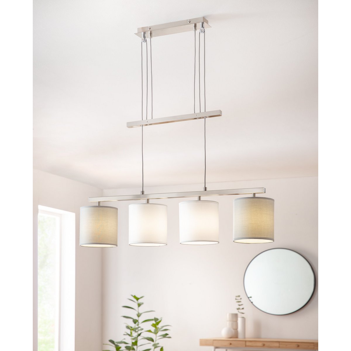4 pendant lamp "Tilde", classic metal pendulum lamp and textile in gray and white, with E27 frame, height adjustable, 86 cm long, ideal as dining lamp