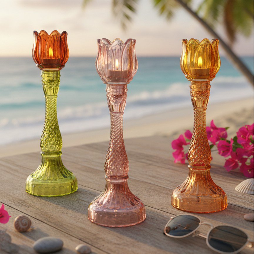 Capri green and pink candle holder 10x10x29cm