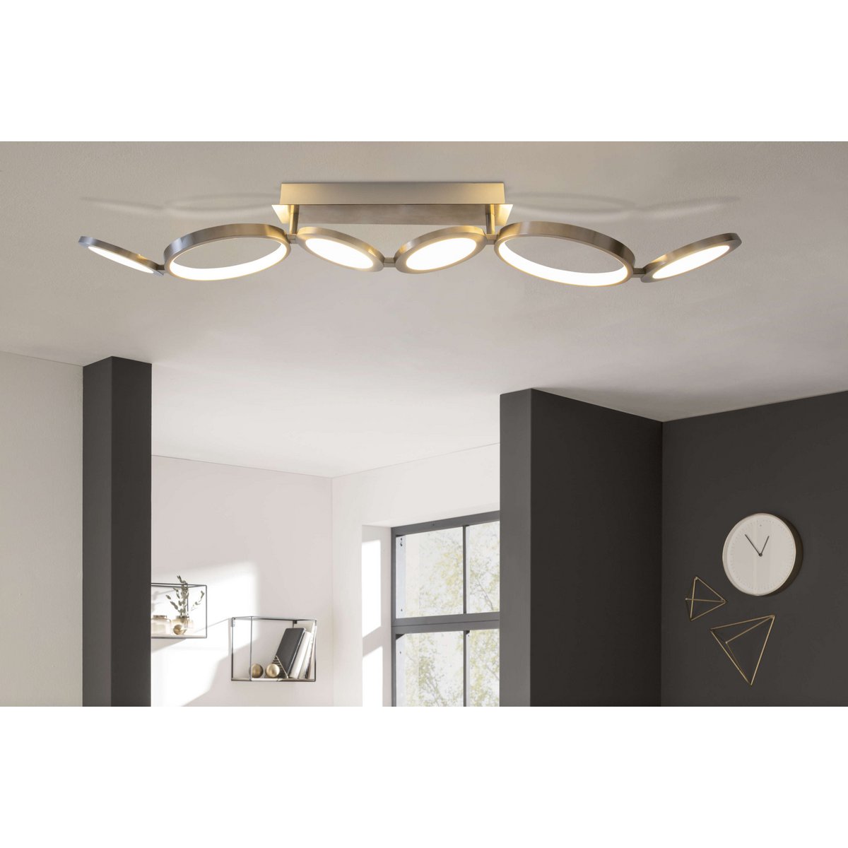 LED ceiling lamp "Stelari" length 100 cm made of metal in steel-blank and white plastic, with firmly built-in LEDs, ceiling lamp for living rooms or office