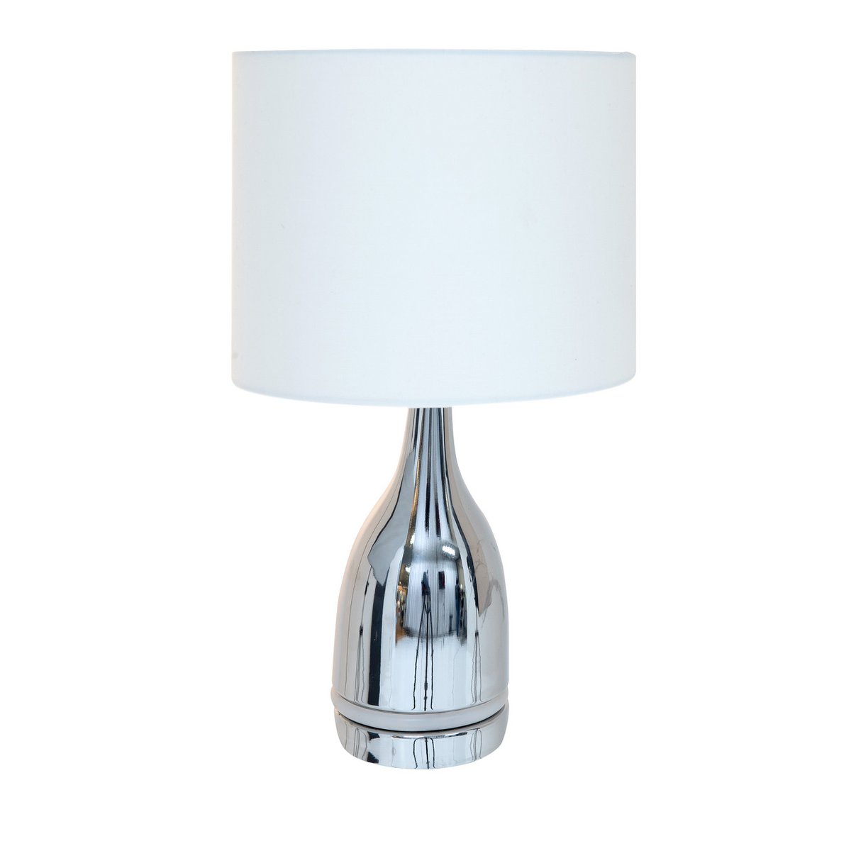 The "Cosima" LED table lamp is 43.5 cm high, umbrella Ø 25 cm, made of metal, plastic, textile material in the colors chrome and white. Both integrated LEDs in the light foot and E14 version