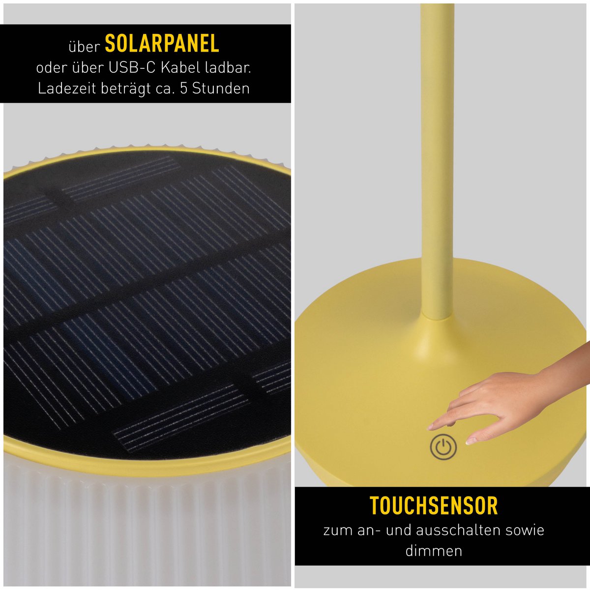 Solcellsdriven batterilampa "Emmi" 38 cm hög, skärm Ø 13 cm, metall i gult och vit plast, för utomhusbruk, dimbar CCT.