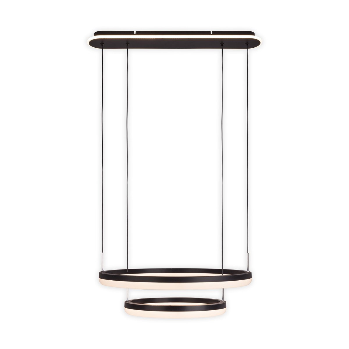 LED CCT pendant light "Circulo" made of black metal and sand-colored plastic, with integrated LED and many functions, Ø 60 cm, 150 cm high.