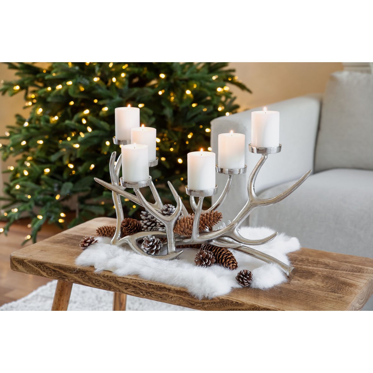 EDZARD candlestick James, antler design, aluminum nickel-plated, length 55 cm, height 27.5 cm, 6 flames