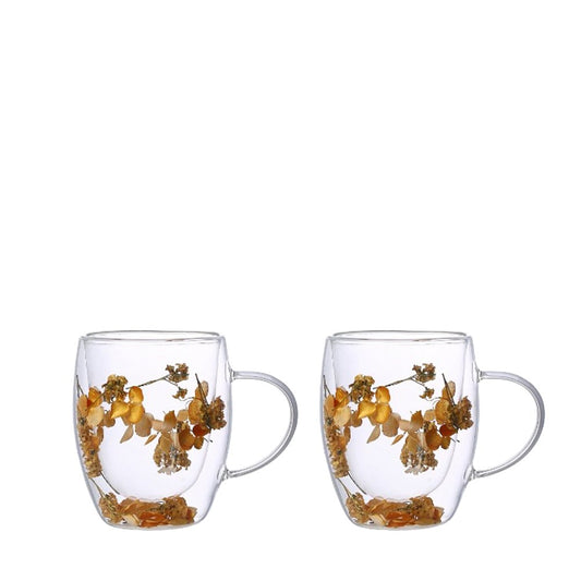 Dubbelväggiga tekoppar 350 ml guldfärgade blommor - 2-pack