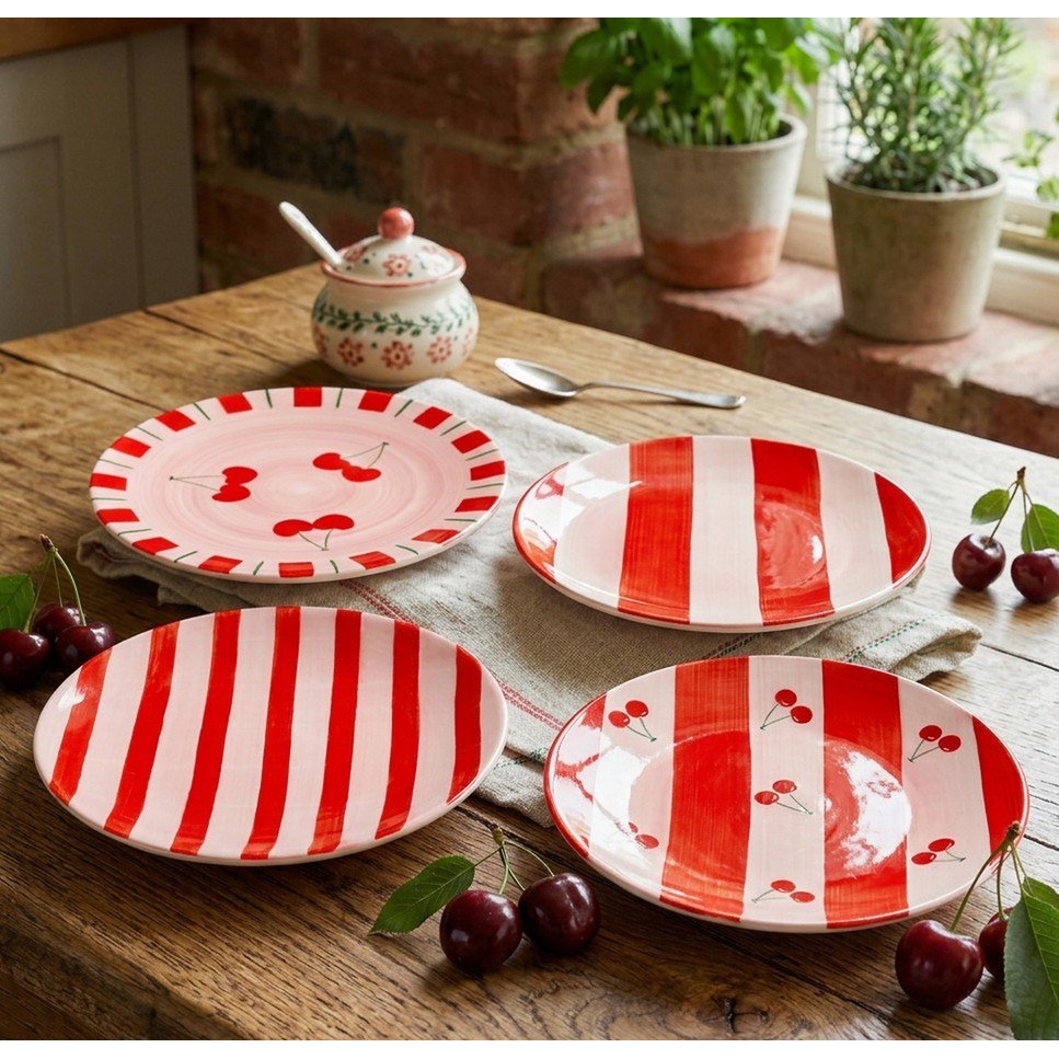 Cherry red striped dessert plates - set of 4