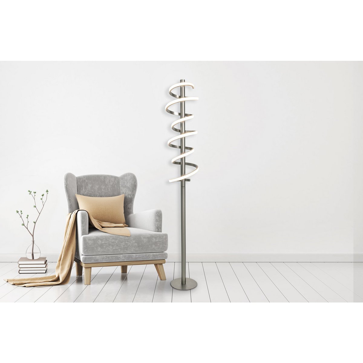 LED standing lamp "Belleza", modern floor lamp made of metal and plastic in nickel matt and white, with firmly built-in LEDs, 140 high, lighting for living room, dining room, bedroom or office.