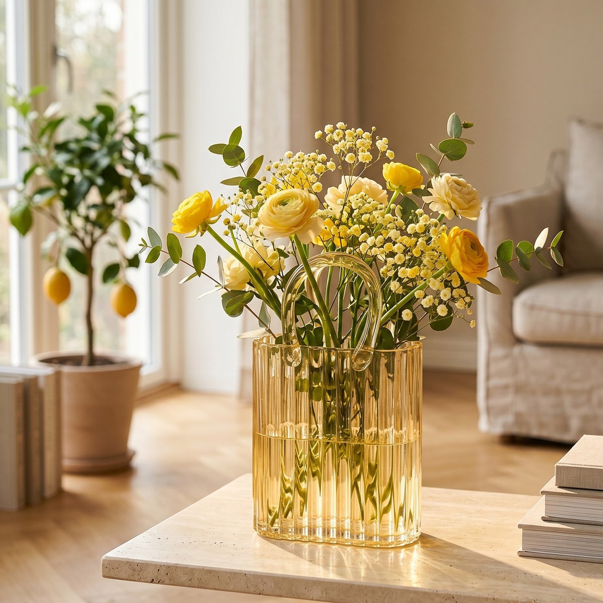 Transparent yellow handbag vase 18x10x27cm