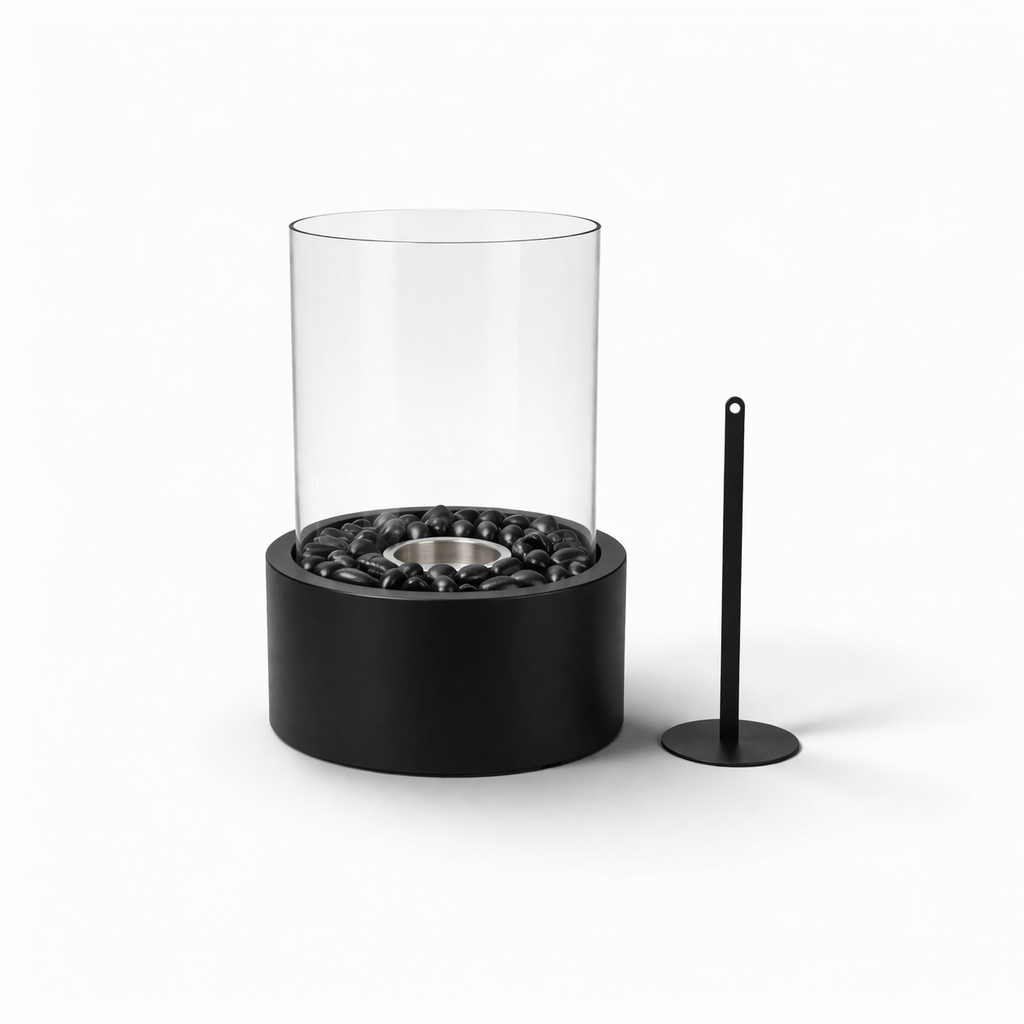 Table Fireplace - Round - Metal/Glass - Black - 21x21x28 cm