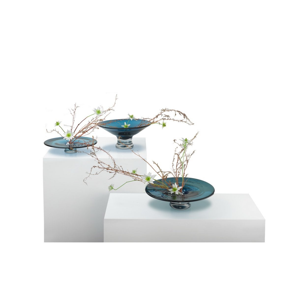 round flat vase or bowl, deep blue thick glass, hand turned: ALAIN
